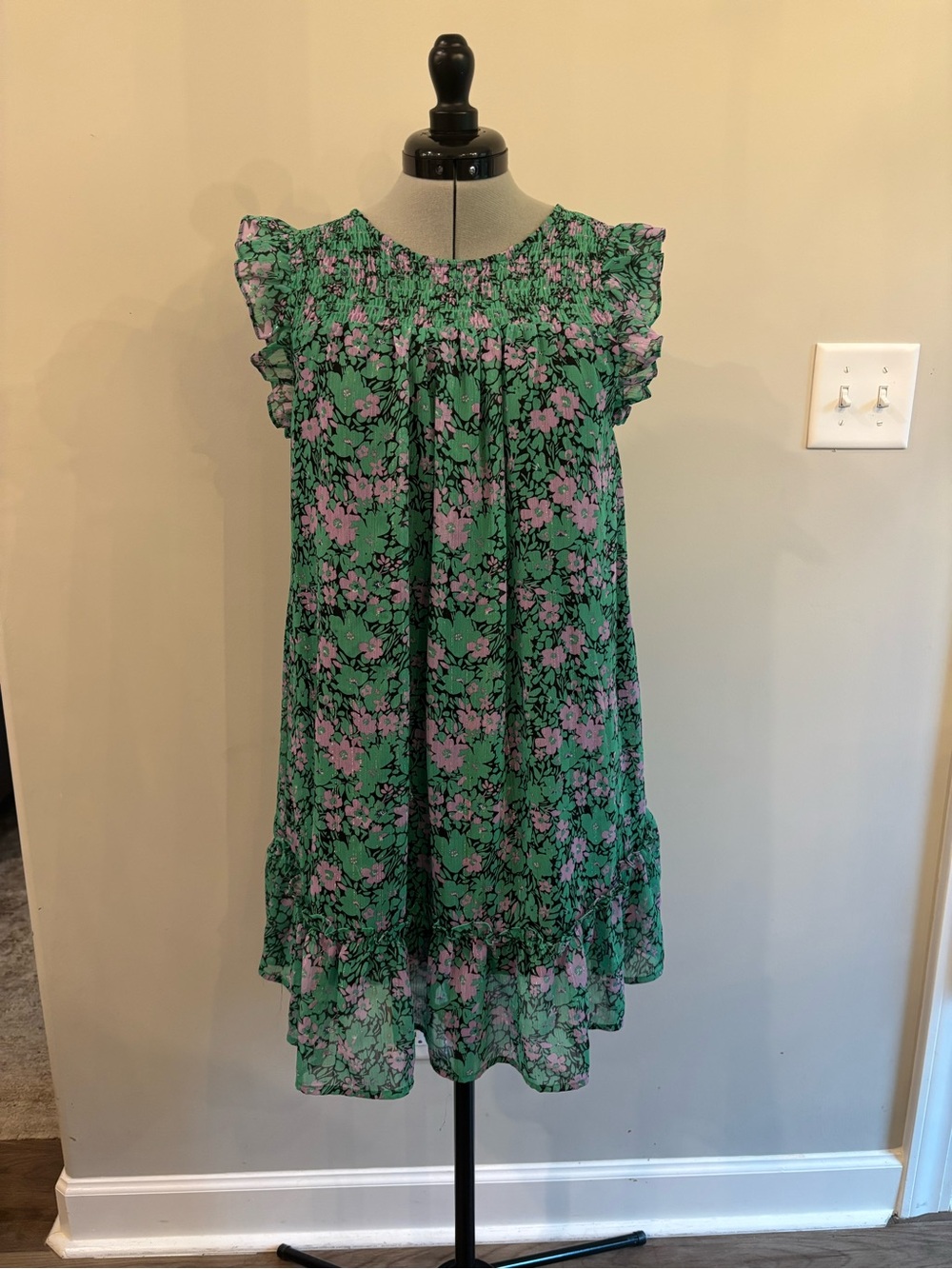 Umgee Boho Green Floral Smocked‎ Ruffle Dress with Pink Blooms 0199